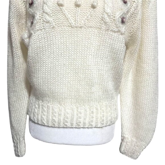 Vintage Paris Sport Club White Cable Knit Sweater With Floral Embroidery & Mock - Picture 4 of 8